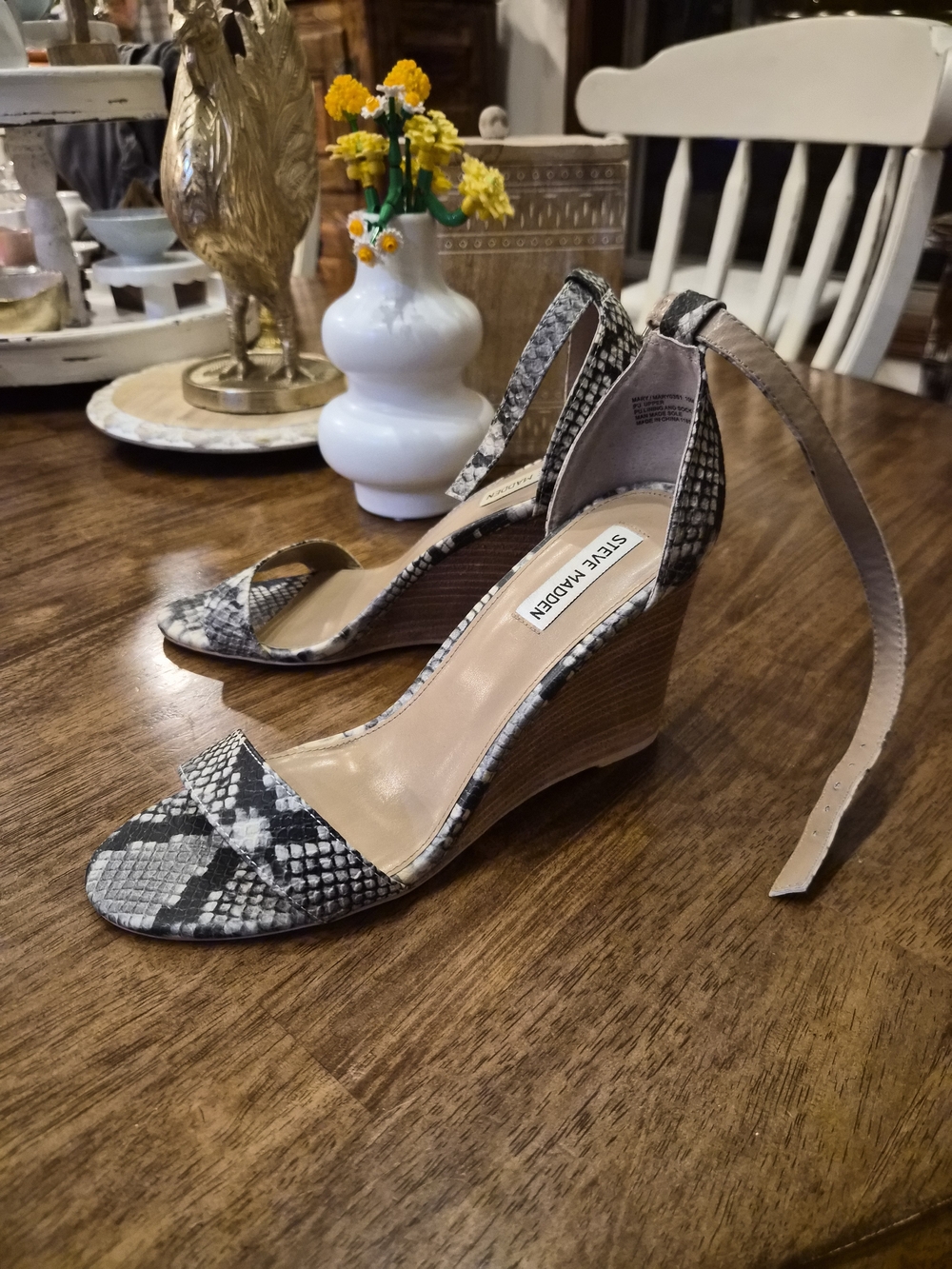 Steve Madden Women's Snake-Print Wedge Sandals in Black and White